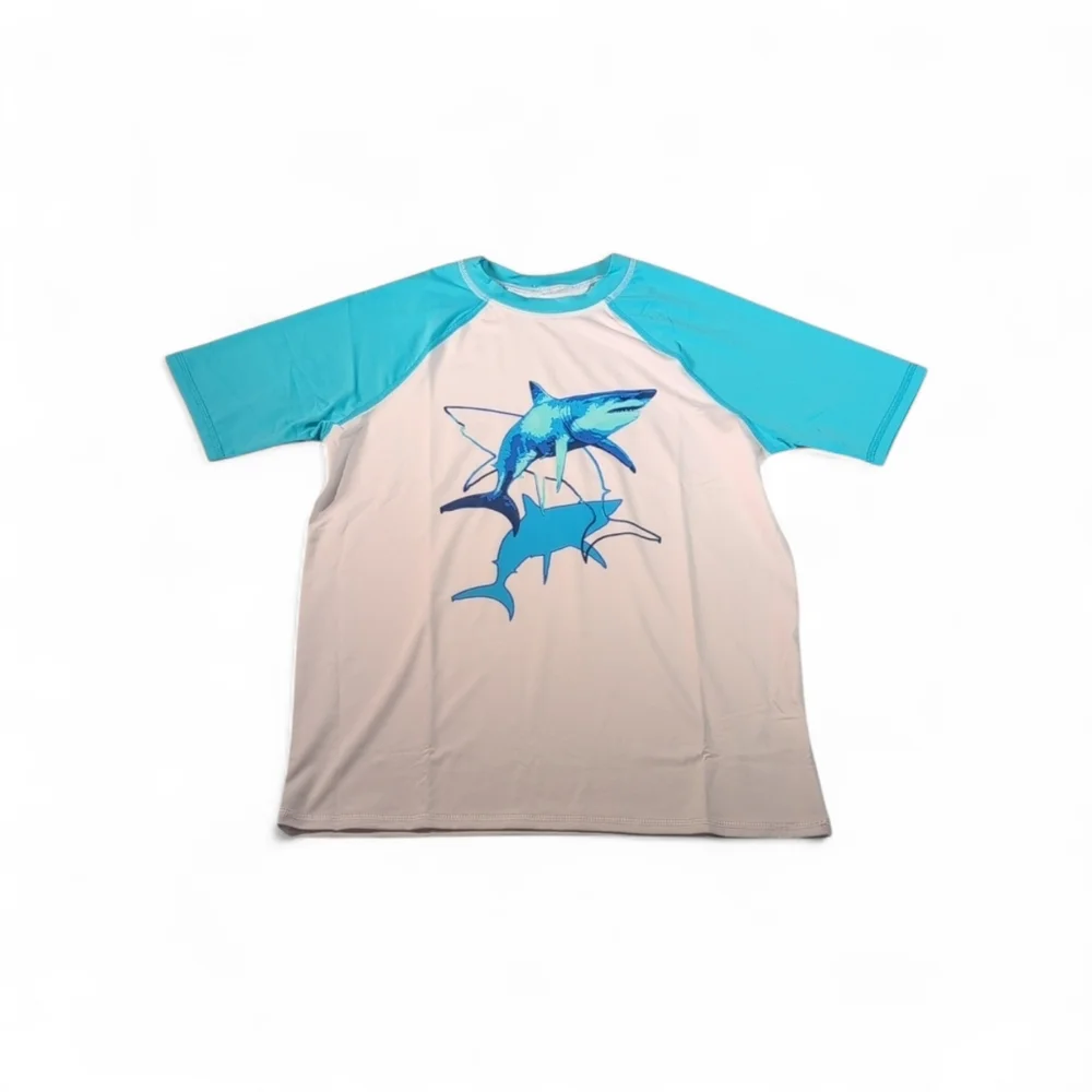 Lands End Shark Short Sleeve Rash Guard Swim Shirt Boys Size Large